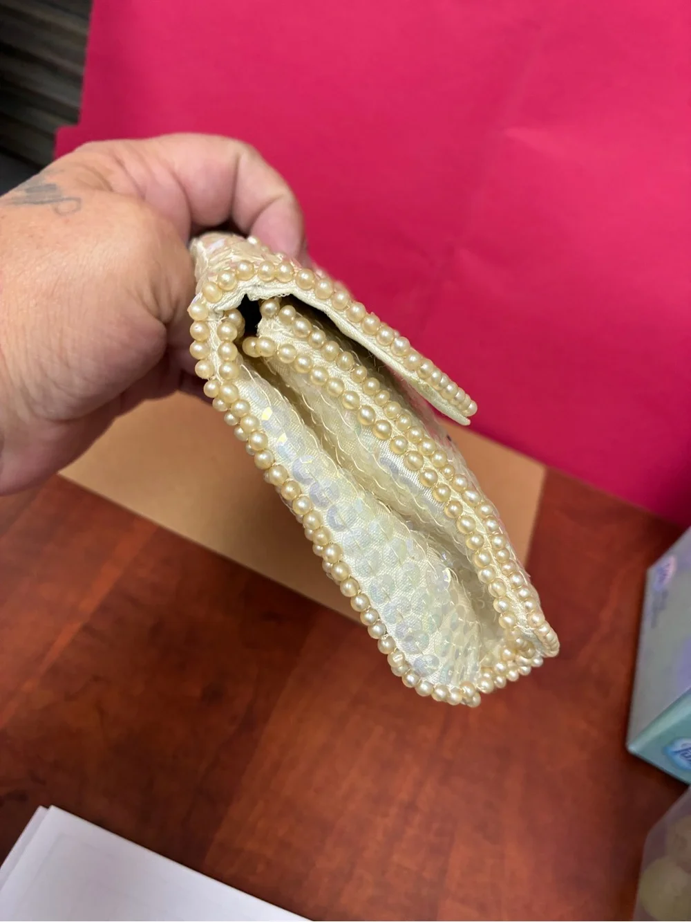 La Regale Pearl & Sequin Ivory Floral Clutch